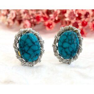 Faux Turquoise Silver Toned 80's Style Retro Oval Shaped Vintage Cuff Links
